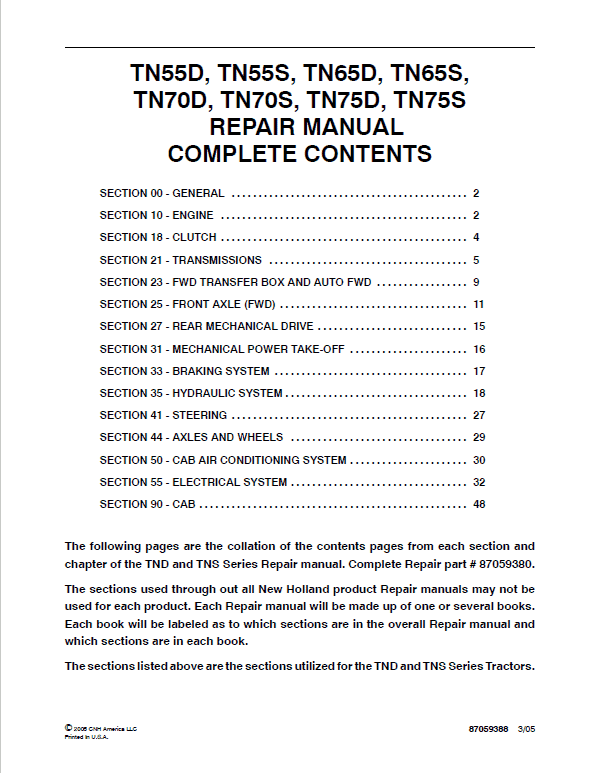 New Holland TN55S, TN65S, TN70S, TN75S Tractor Service Manual New Holland TN55S, TN65S, TN70S, TN75S Tractor Service Manual