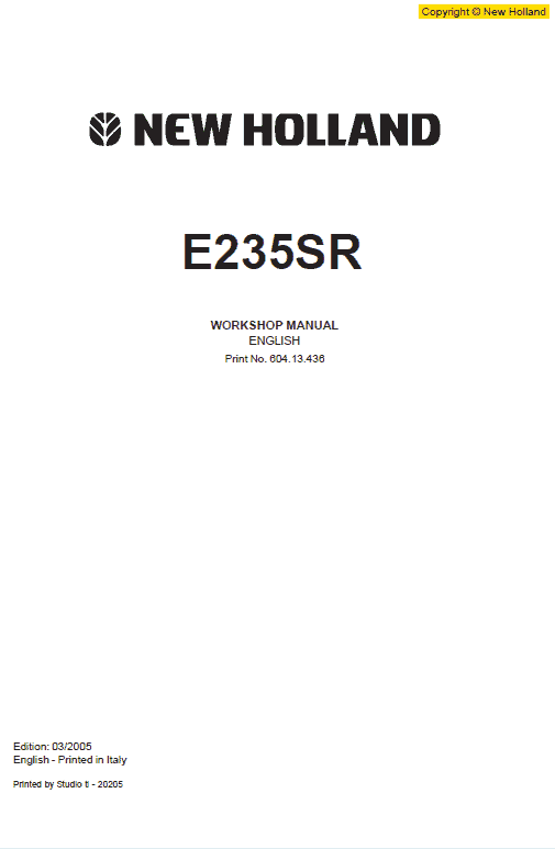 New Holland E235SR Excavator Service Manual New Holland E235SR Excavator Service Manual