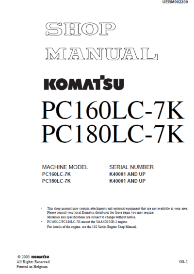 Komatsu Pc180lc-5k Excavator Service Manual