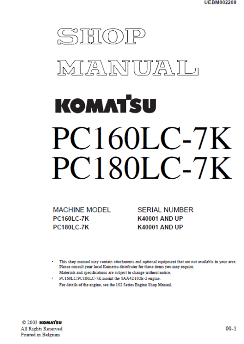 Komatsu Pc180lc-5k Excavator Service Manual