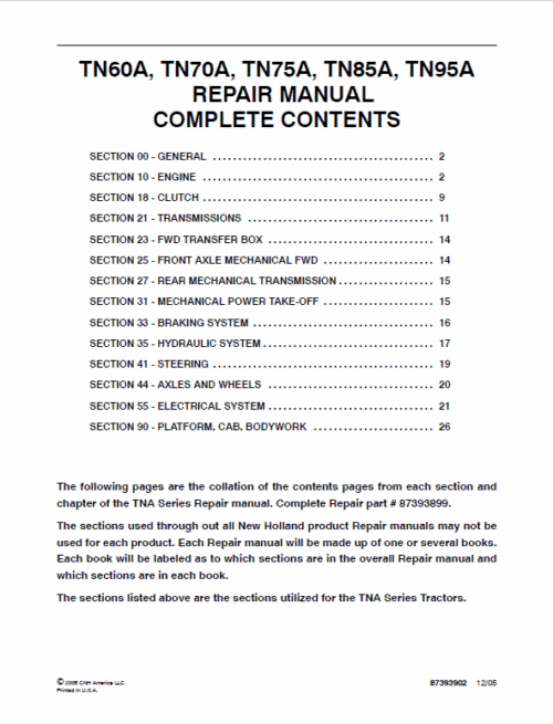 New Holland TN70A TN75A TN85A Tractor Service Manual