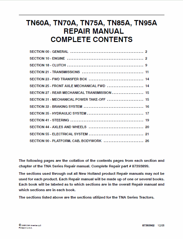 New Holland TN60A, TN70A, TN75A, TN85A, TN95A Tractor Service Manual New Holland TN60A, TN70A, TN75A, TN85A, TN95A Tractor Service Manual