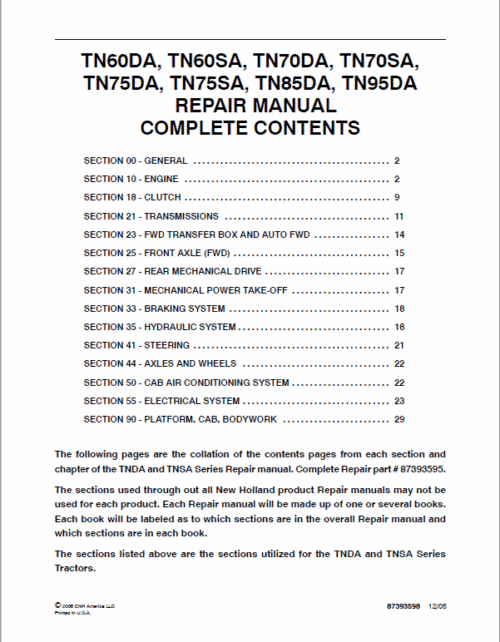 New Holland TN60DA, TN70DA, TN75DA, TN85DA, TN95DA Tractor Manual