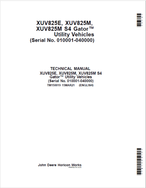 John Deere XUV825E, XUV825M, XUV825M S4 Gator Utility Vehicles Repair Manual