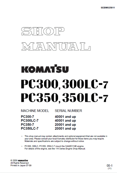 Komatsu PC300-7 PC300LC-7 Hydraulic Service Manual