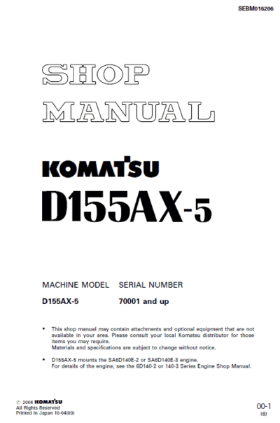 Komatsu D155ax Bulldozer Operation Maintenance Manual