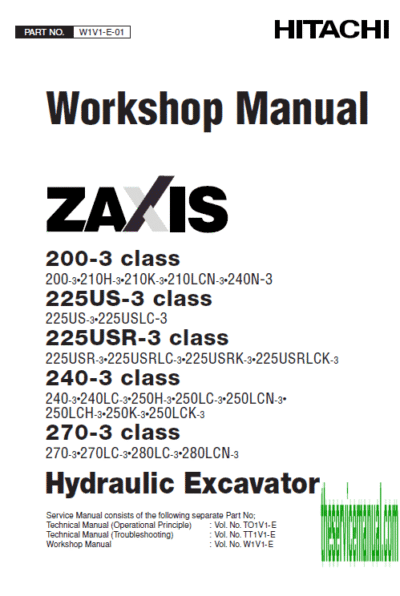 Hitachi ZAXIS ZX200-3, ZX240-3 and ZX270-3 Excavator Repair Manual