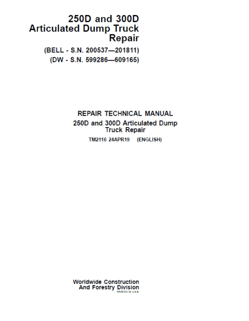 John Deere 250D, 300D Dump Truck Technical Manual (DW & BELL – S.N. 200537—201811)
