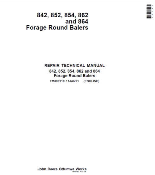 John Deere 842, 852, 854, 862, 864 Forage Round Baler Service Repair Manual