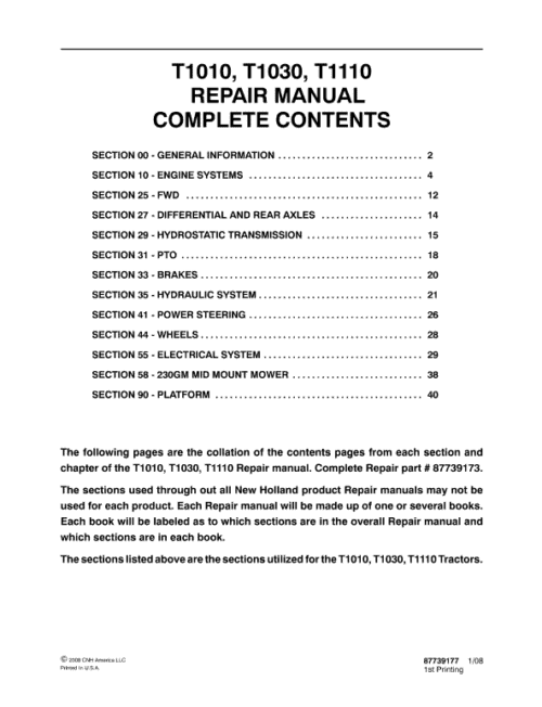 New Holland T1010, T1030, T1110 Tractor Service Manual