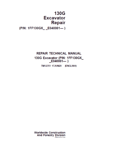 John Deere 130GLC Excavator Repair Services Manual