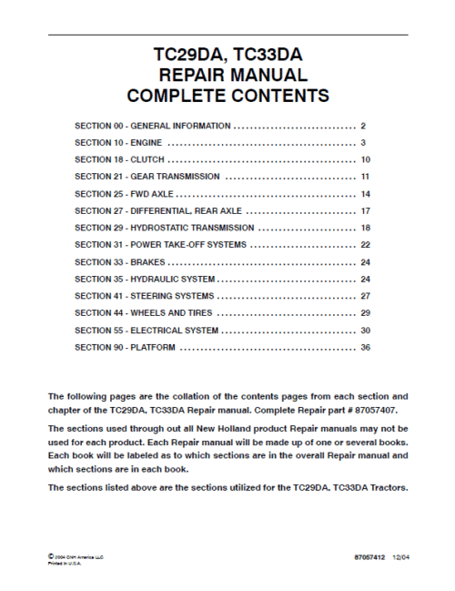 New Holland TC29DA, TC33DA Tractor Service Manual