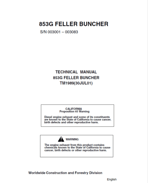 John Deere 853G Feller Buncher Service Repair Manual