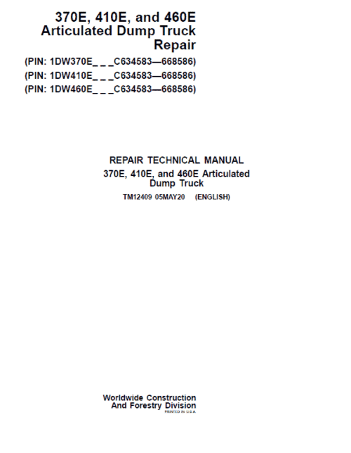 John Deere 370E, 410E, 460E Dump Truck Technical Manual (S.N. C634583 – C668586 )