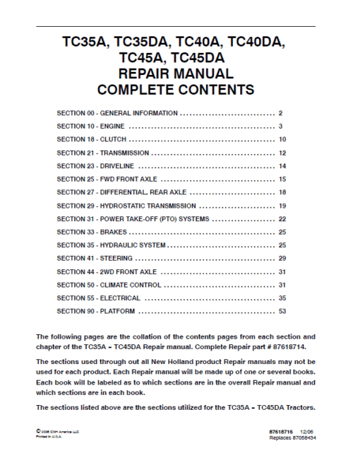 New Holland TC40DA TC45DA Tractor Service Manual