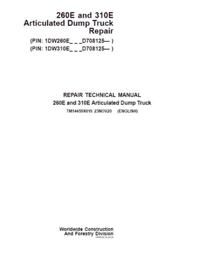John Deere 260E, 310E Articulated Dump Truck Technical Manual (S.N. D708125 – )