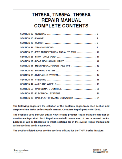 New Holland TN75FA, TN85FA, TN95FA Tractor Service Manual