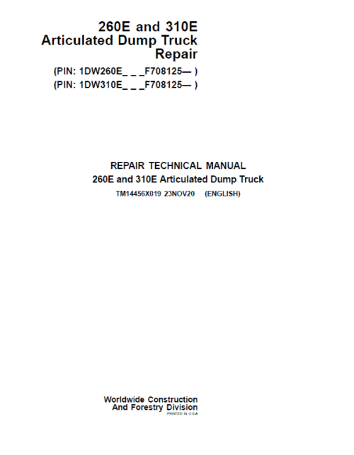 John Deere 260E, 310E Articulated Dump Truck Technical Manual (S.N. F708125 – )