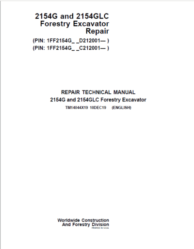 John Deere 2154G, 2154GLC Swing Excavator Repair Manual