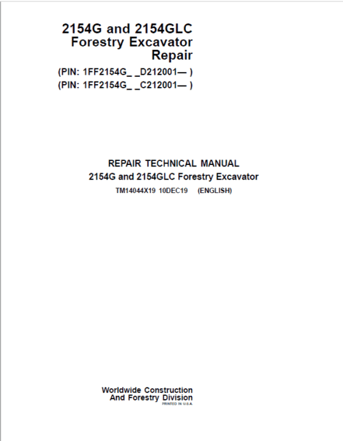 John Deere 2154G, 2154GLC Swing Excavator Repair Manual