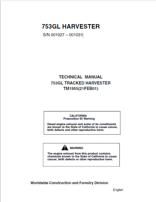 John Deere 753GL Tracked Harvester Repair Service Manual