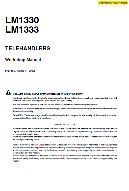 New Holland LM1330 and LM1333 Telehandlers Service Manual New Holland LM1330 and LM1333 Telehandlers Service Manual