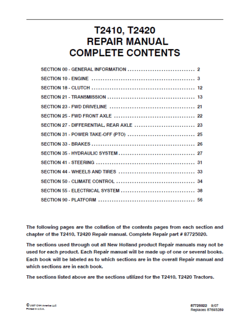 New Holland T2410, T2420 Tractor Service Manual