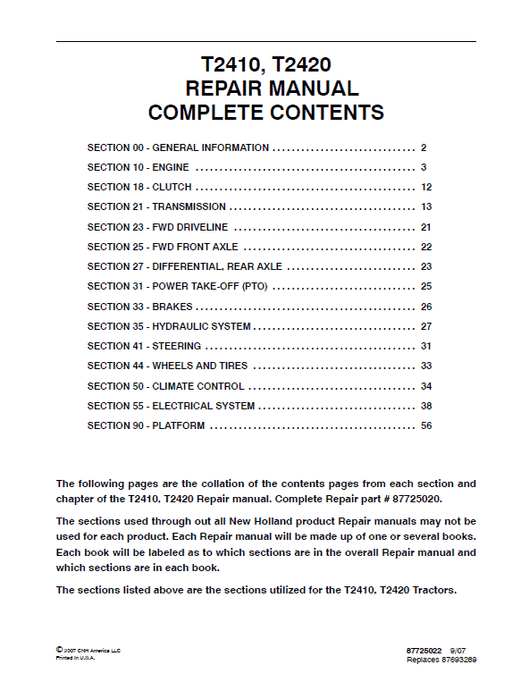 New Holland T2410, T2420 Tractor Service Manual New Holland T2410, T2420 Tractor Service Manual