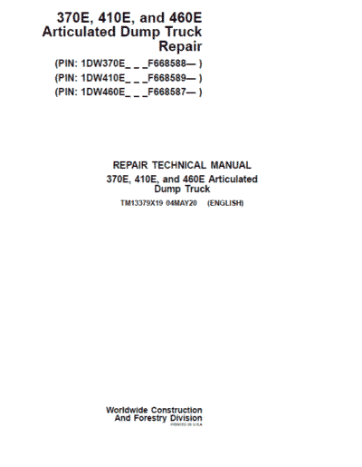 John Deere 370E, 410E, 460E Articulated Dump Truck Services Manual