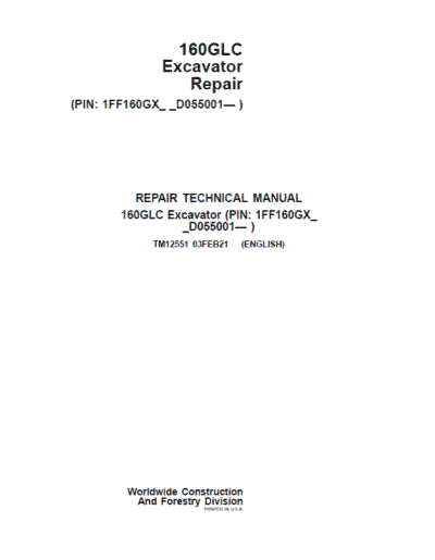 John Deere 160GLC Excavator Repair Services Manual