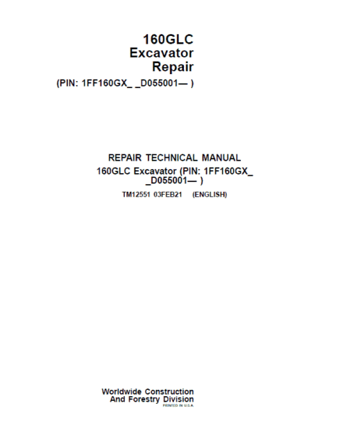 John Deere 160GLC Excavator Repair Services Manual