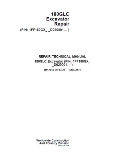 John Deere 180GLC Excavator Repair Services Manual