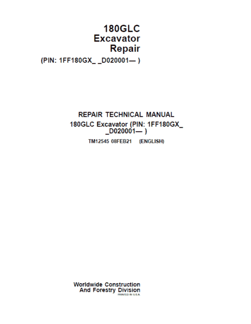 John Deere 180GLC Excavator Repair Services Manual