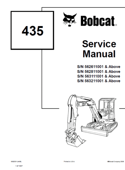 Bobcat 435 Compact Excavator Repair Service Manual