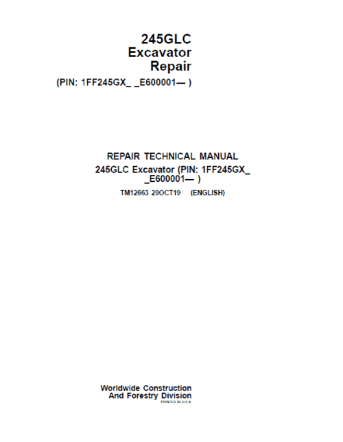John Deere 245GLC Excavator Repair Service Manual
