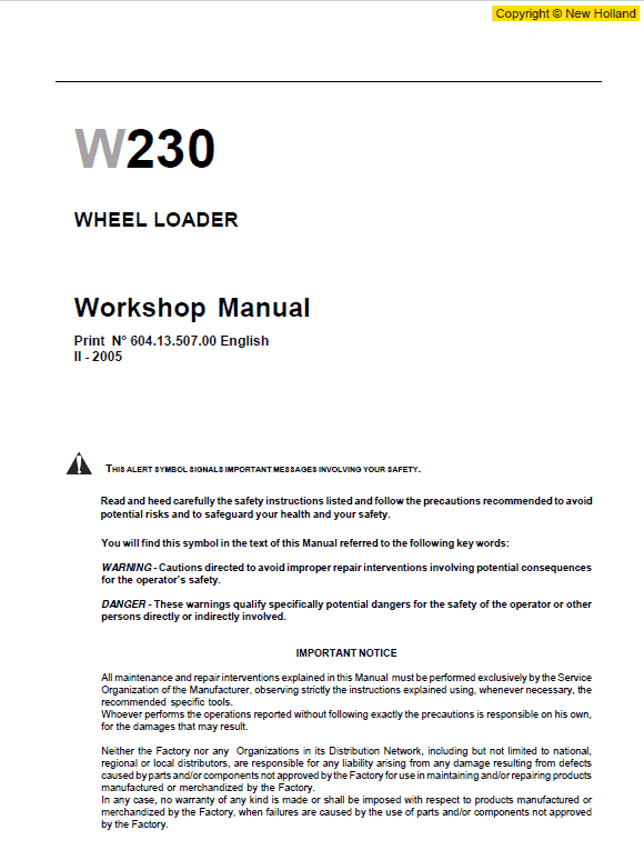 New Holland W230 Wheeled Loader Service Manual New Holland W230 Wheeled Loader Service Manual