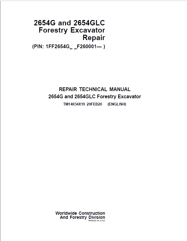 John Deere 2654G, 2654GLC Swing Excavator Repair Service Manual John Deere 2654G, 2654GLC Swing Excavator Repair Service Manual