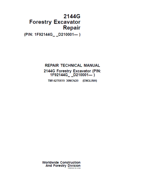 John Deere 2144G Forestry Excavator Repair Service Manual