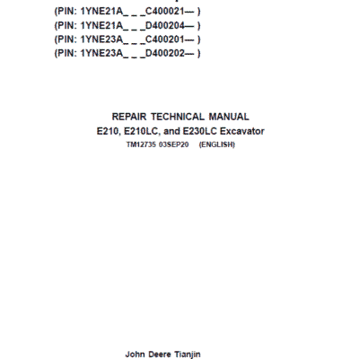 John Deere E210, E210LC, E230LC Excavator Service Manual
