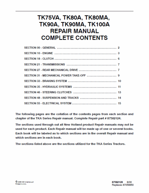 New Holland TK75VA, TK80A, TK80MA Tractor Service Manual