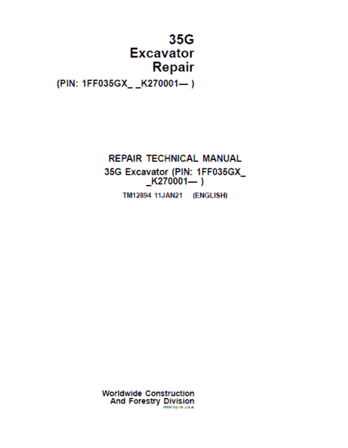 John Deere 35G Excavator Repair Service Manual
