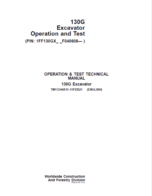 John Deere 130GLC Excavator Repair Services Manual SN