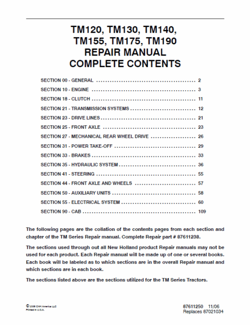 New Holland TM120 TM190 Tractors Service Manual