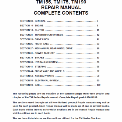 New Holland TM120, TM130, TM140, TM155, TM175, TM190 Tractors Manual