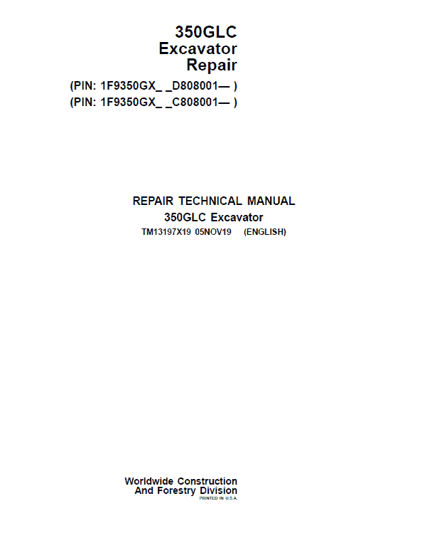 John Deere 350GLC Excavator Repair Service Manual John Deere 350GLC Excavator Repair Service Manual