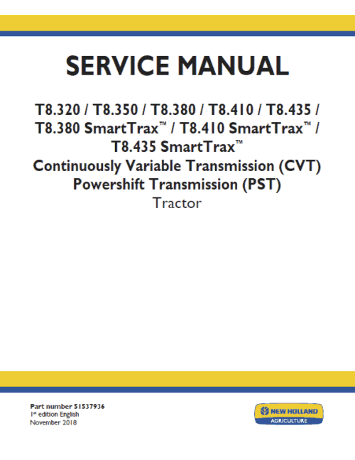 New Holland T8.320, T8.350, T8.380, T8.410, T8.435 Tractor Service Manual