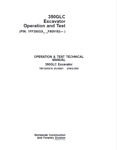 John Deere 350GLC Excavator Repair Services Manual