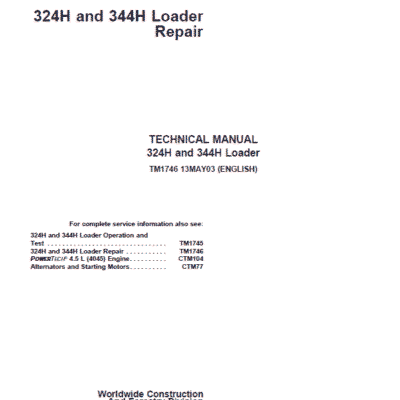Cart John Deere 324H, 344H Loader Repair Technical Manual