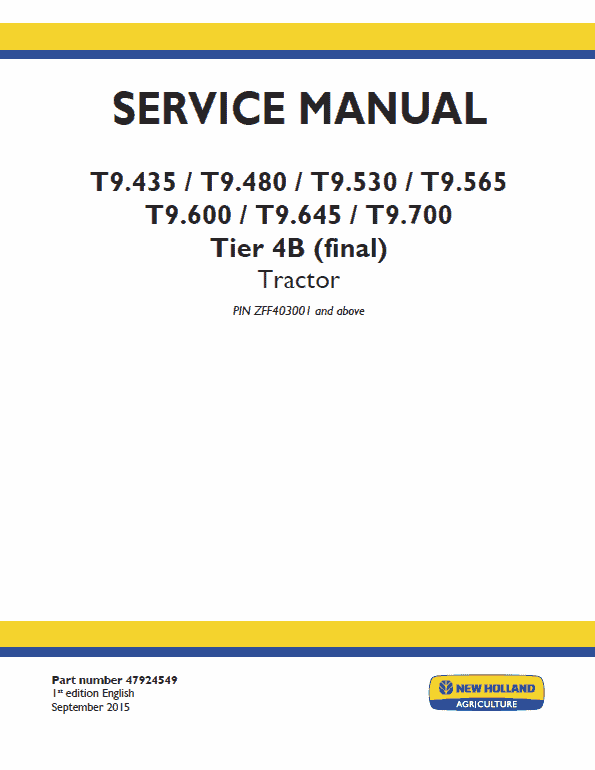 New Holland T9.435, T9.480, T9.530, T9.565 Tractor Service Manual New Holland T9.435, T9.480, T9.530, T9.565 Tractor Service Manual