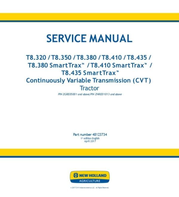 New Holland T8.410 T8.435 T8.380 SmartTrax T8.410 T8.435 Tractor Operators Manual